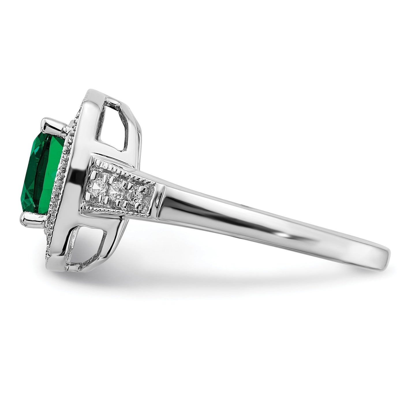 14k White Gold 7mm Cushion Lab-Created Emerald and 1/5 carat Diamond Halo Ring