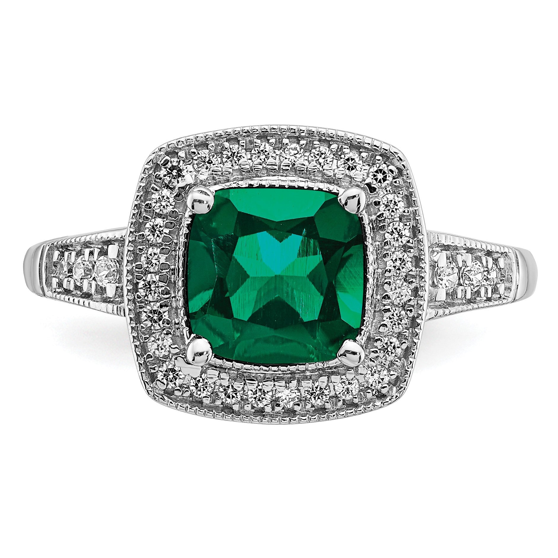 14k White Gold 7mm Cushion Lab-Created Emerald and 1/5 carat Diamond Halo Ring