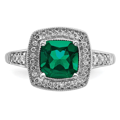 14k White Gold 7mm Cushion Lab-Created Emerald and 1/5 carat Diamond Halo Ring