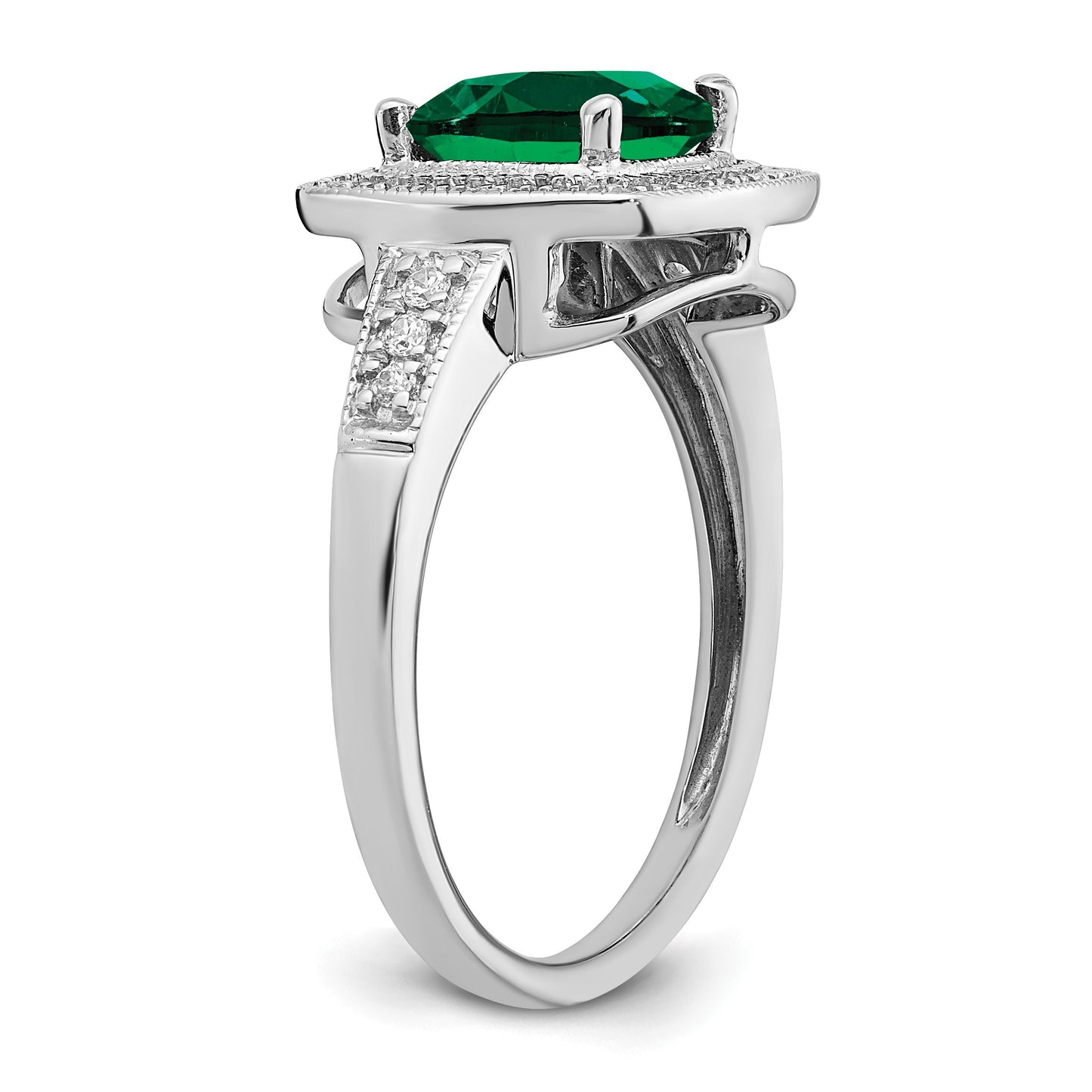 14k White Gold 7mm Cushion Lab-Created Emerald and 1/5 carat Diamond Halo Ring