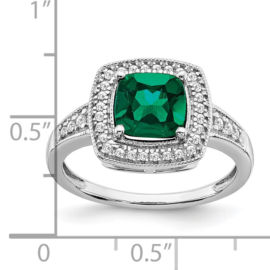 14k White Gold 7mm Cushion Lab-Created Emerald and 1/5 carat Diamond Halo Ring