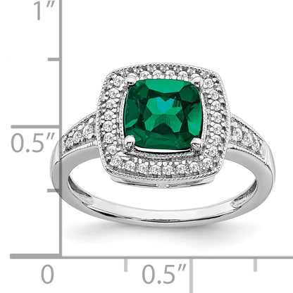 14k White Gold 7mm Cushion Lab-Created Emerald and 1/5 carat Diamond Halo Ring