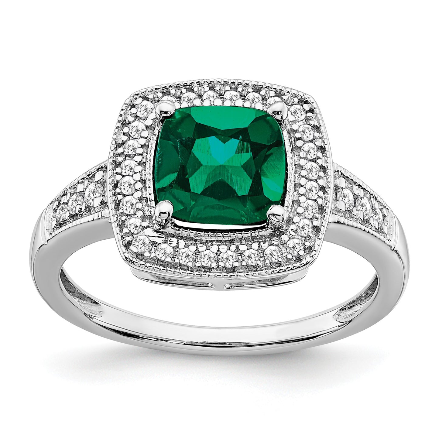 14k White Gold 7mm Cushion Lab-Created Emerald and 1/5 carat Diamond Halo Ring