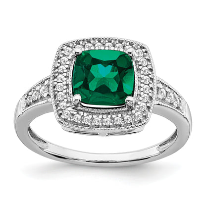 14k White Gold 7mm Cushion Lab-Created Emerald and 1/5 carat Diamond Halo Ring