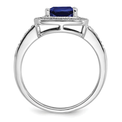 14k White Gold 7mm Cushion Lab-Created Blue Sapphire and 1/5 carat Diamond Halo Ring