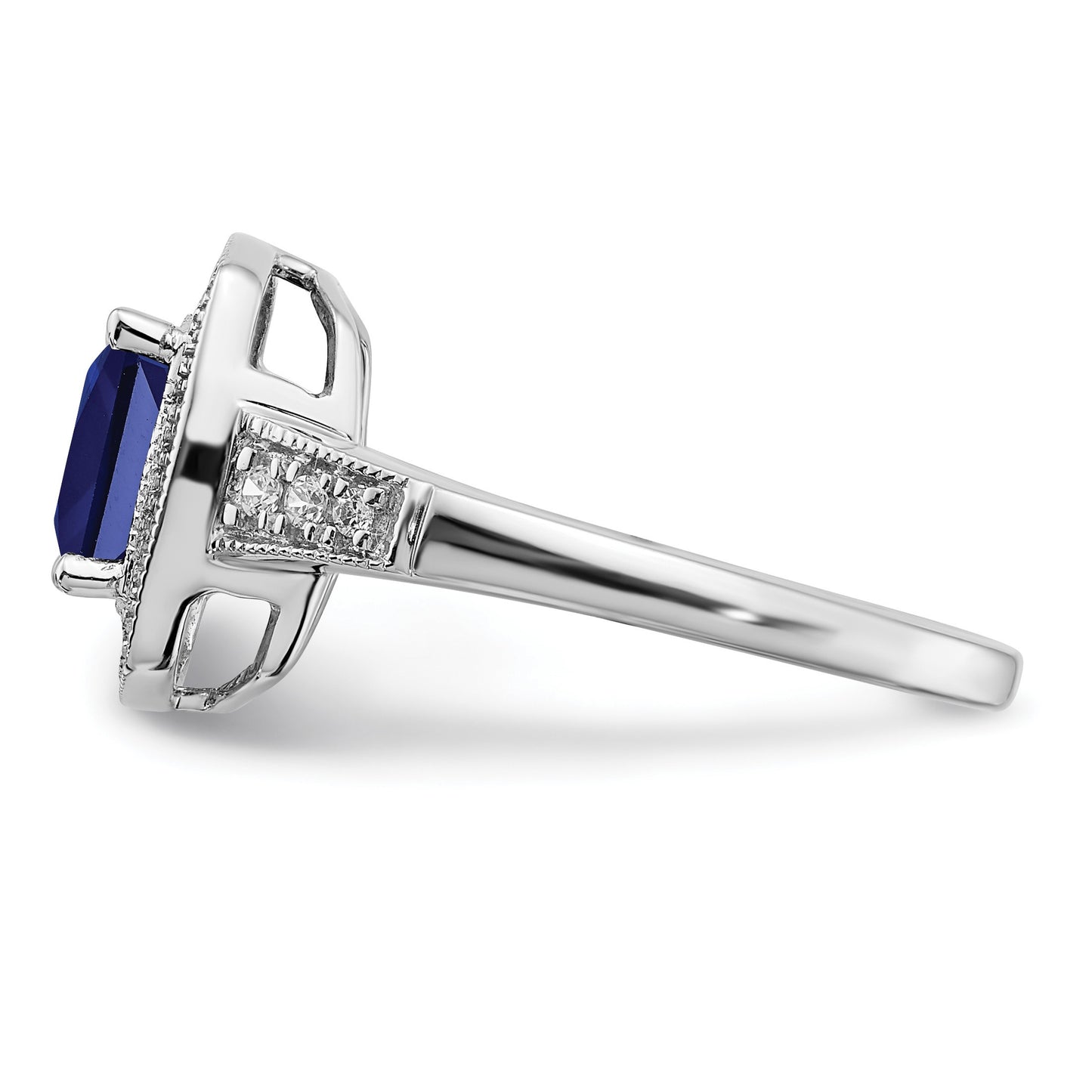 14k White Gold 7mm Cushion Lab-Created Blue Sapphire and 1/5 carat Diamond Halo Ring