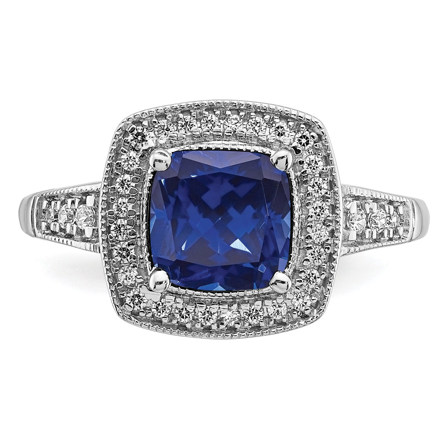 14k White Gold 7mm Cushion Lab-Created Blue Sapphire and 1/5 carat Diamond Halo Ring