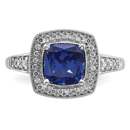 14k White Gold 7mm Cushion Lab-Created Blue Sapphire and 1/5 carat Diamond Halo Ring