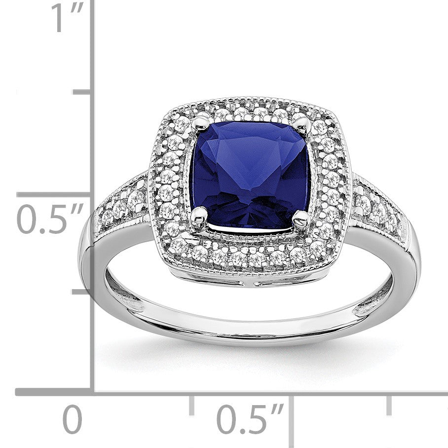 14k White Gold 7mm Cushion Lab-Created Blue Sapphire and 1/5 carat Diamond Halo Ring