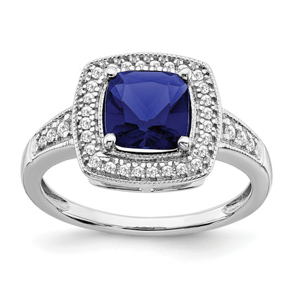 14k White Gold 7mm Cushion Lab-Created Blue Sapphire and 1/5 carat Diamond Halo Ring