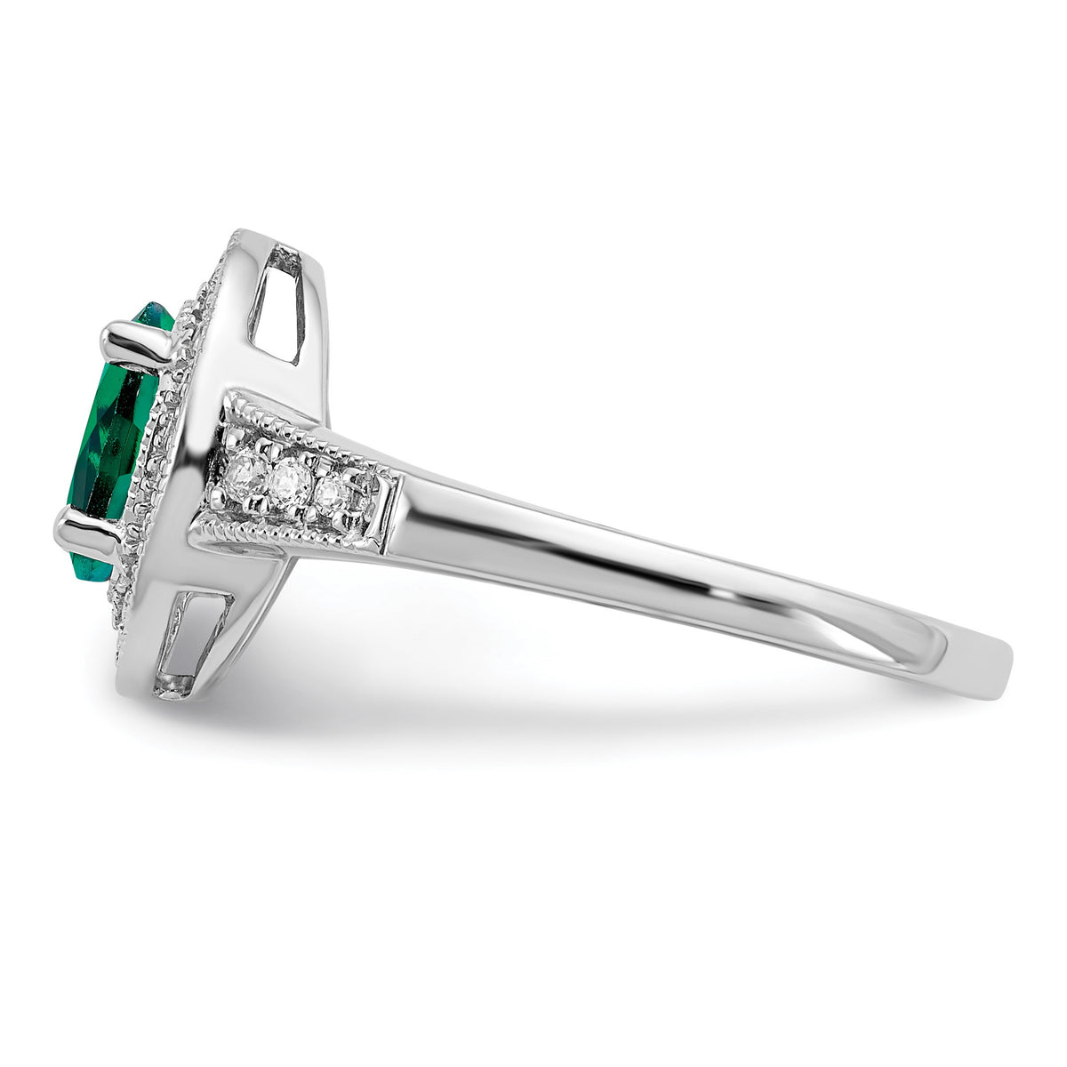 14k White Gold 7x5mm Oval Lab-Created Emerald and 1/6 carat Diamond Halo Ring