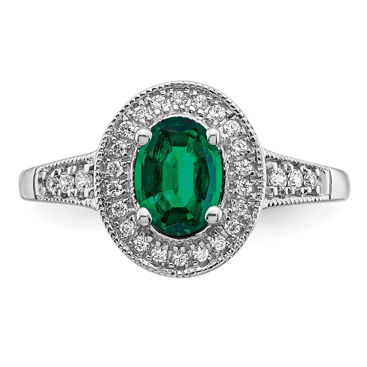 14k White Gold 7x5mm Oval Lab-Created Emerald and 1/6 carat Diamond Halo Ring