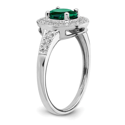 14k White Gold 7x5mm Oval Lab-Created Emerald and 1/6 carat Diamond Halo Ring