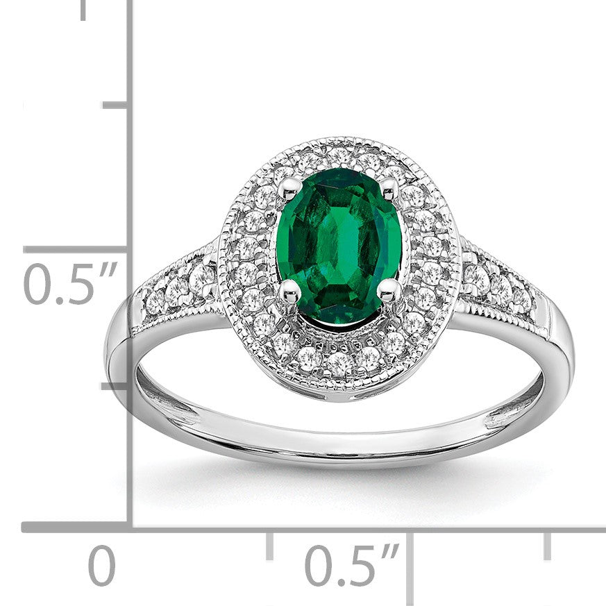 14k White Gold 7x5mm Oval Lab-Created Emerald and 1/6 carat Diamond Halo Ring