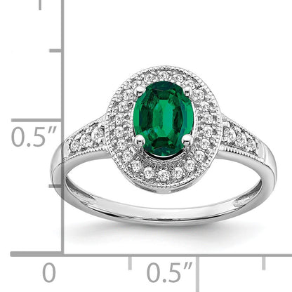 14k White Gold 7x5mm Oval Lab-Created Emerald and 1/6 carat Diamond Halo Ring