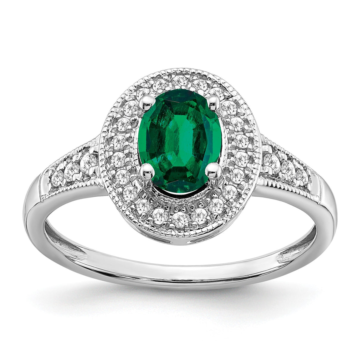 14k White Gold 7x5mm Oval Lab-Created Emerald and 1/6 carat Diamond Halo Ring