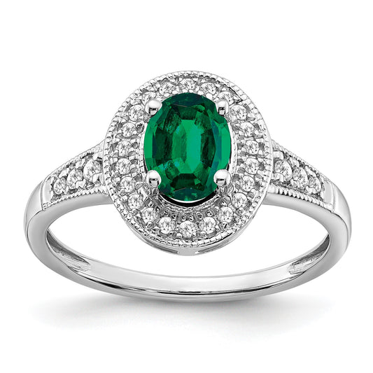 14k White Gold 7x5mm Oval Lab-Created Emerald and 1/6 carat Diamond Halo Ring