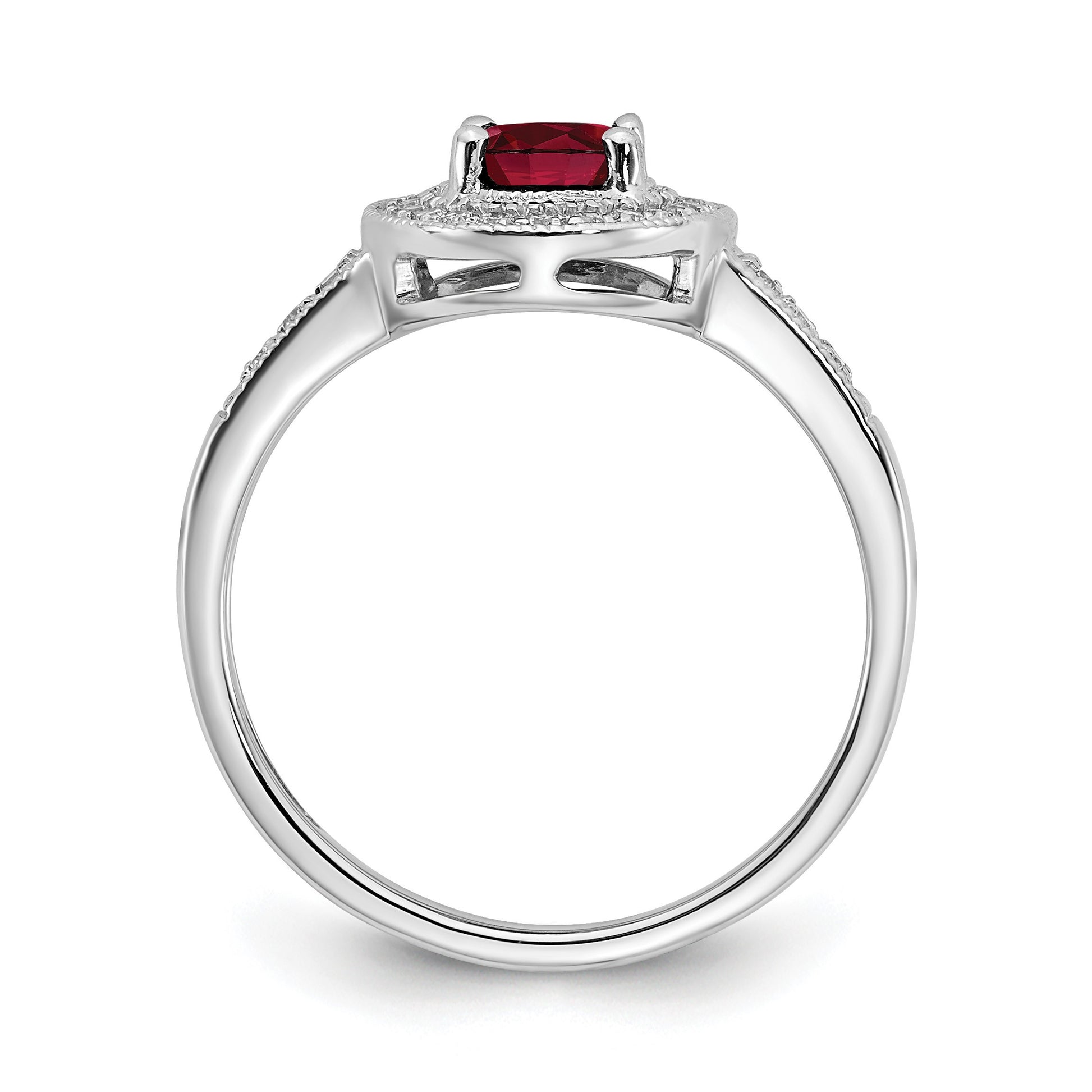 14k White Gold 7x5mm Oval Lab-Created Ruby and 1/6 carat Diamond Halo Ring