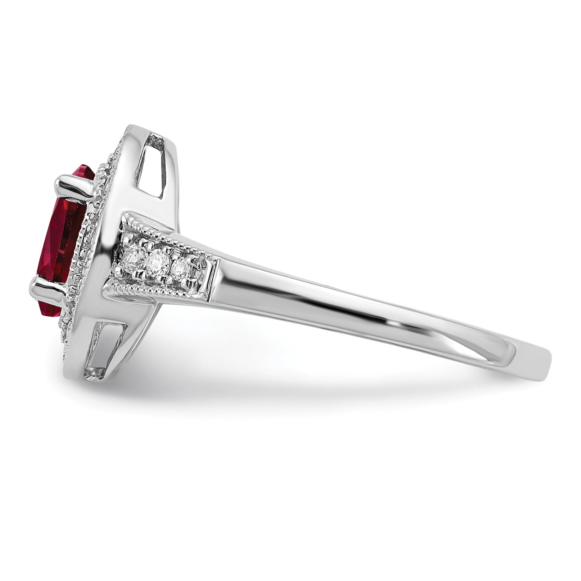 14k White Gold 7x5mm Oval Lab-Created Ruby and 1/6 carat Diamond Halo Ring