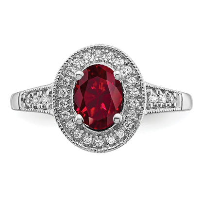14k White Gold 7x5mm Oval Lab-Created Ruby and 1/6 carat Diamond Halo Ring