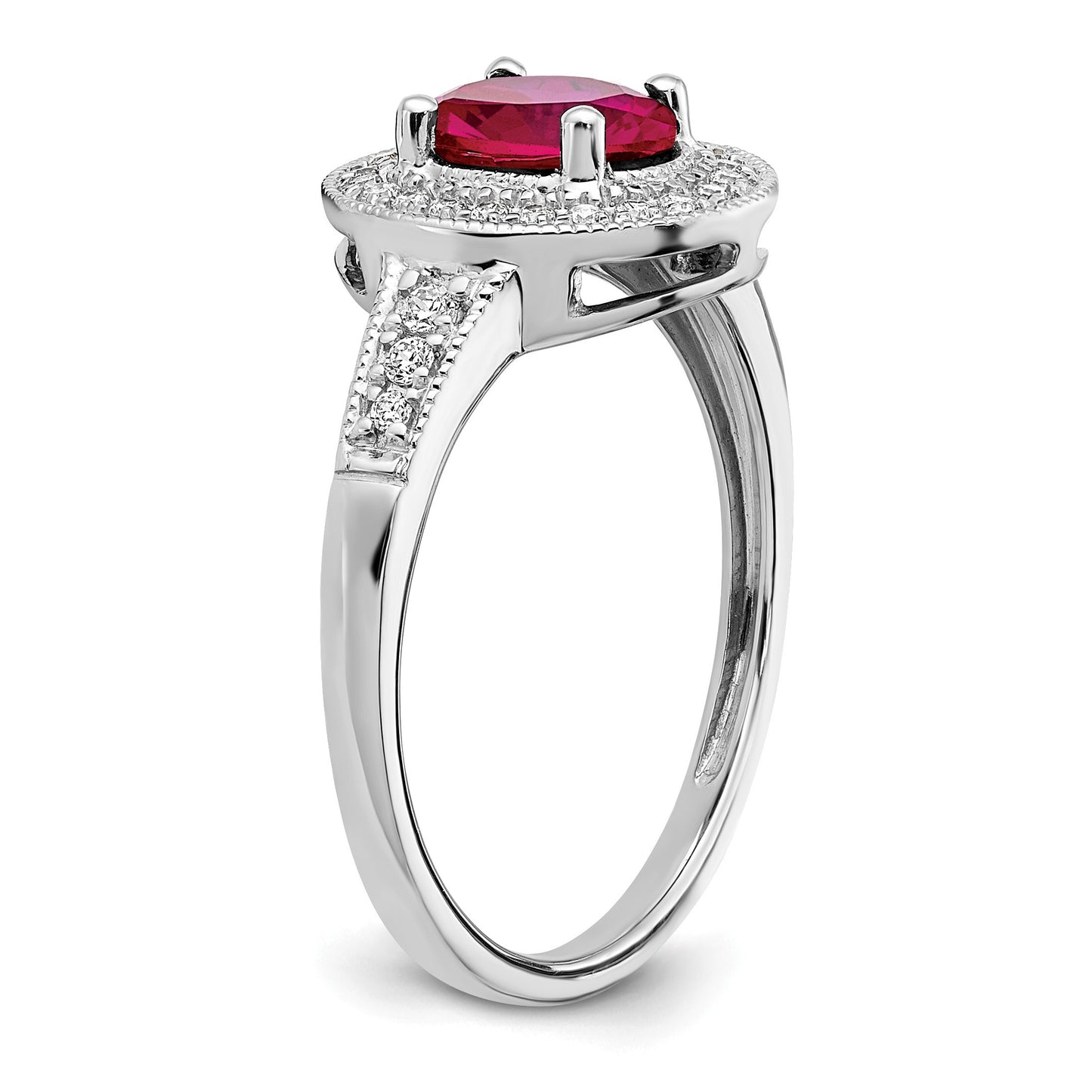 14k White Gold 7x5mm Oval Lab-Created Ruby and 1/6 carat Diamond Halo Ring
