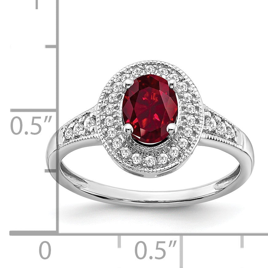 14k White Gold 7x5mm Oval Lab-Created Ruby and 1/6 carat Diamond Halo Ring