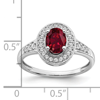 14k White Gold 7x5mm Oval Lab-Created Ruby and 1/6 carat Diamond Halo Ring