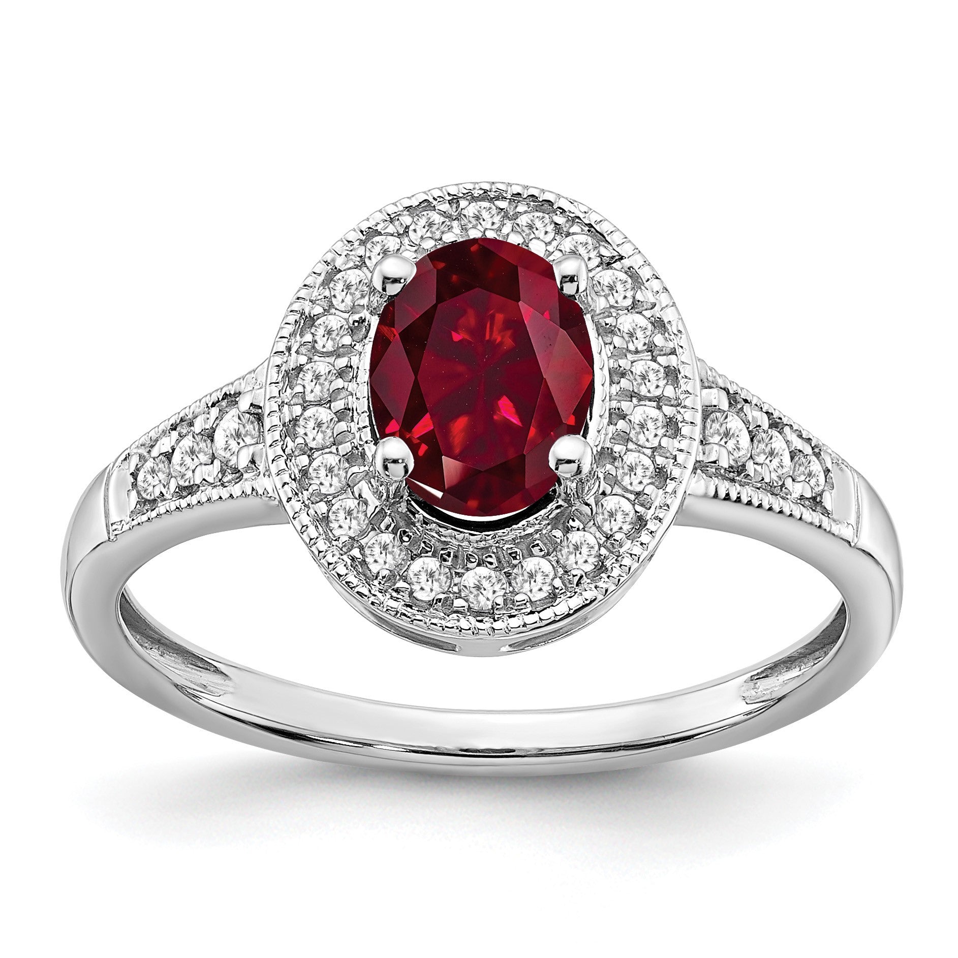 14k White Gold 7x5mm Oval Lab-Created Ruby and 1/6 carat Diamond Halo Ring