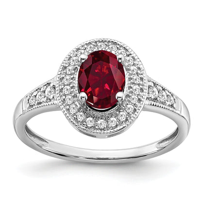 14k White Gold 7x5mm Oval Lab-Created Ruby and 1/6 carat Diamond Halo Ring