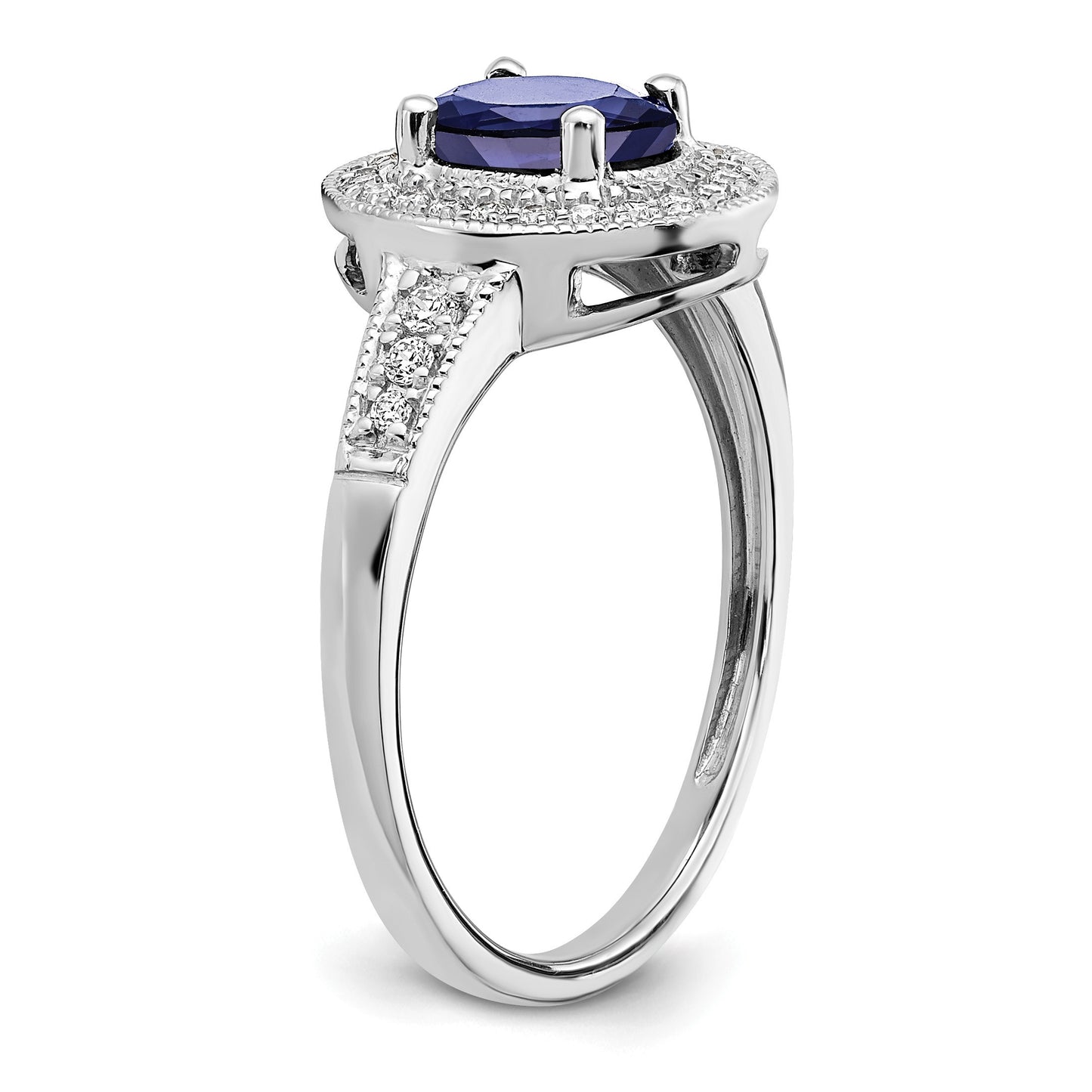 14k White Gold 7x5mm Oval Lab-Created Blue Sapphire and 1/6 carat Diamond Halo Ring