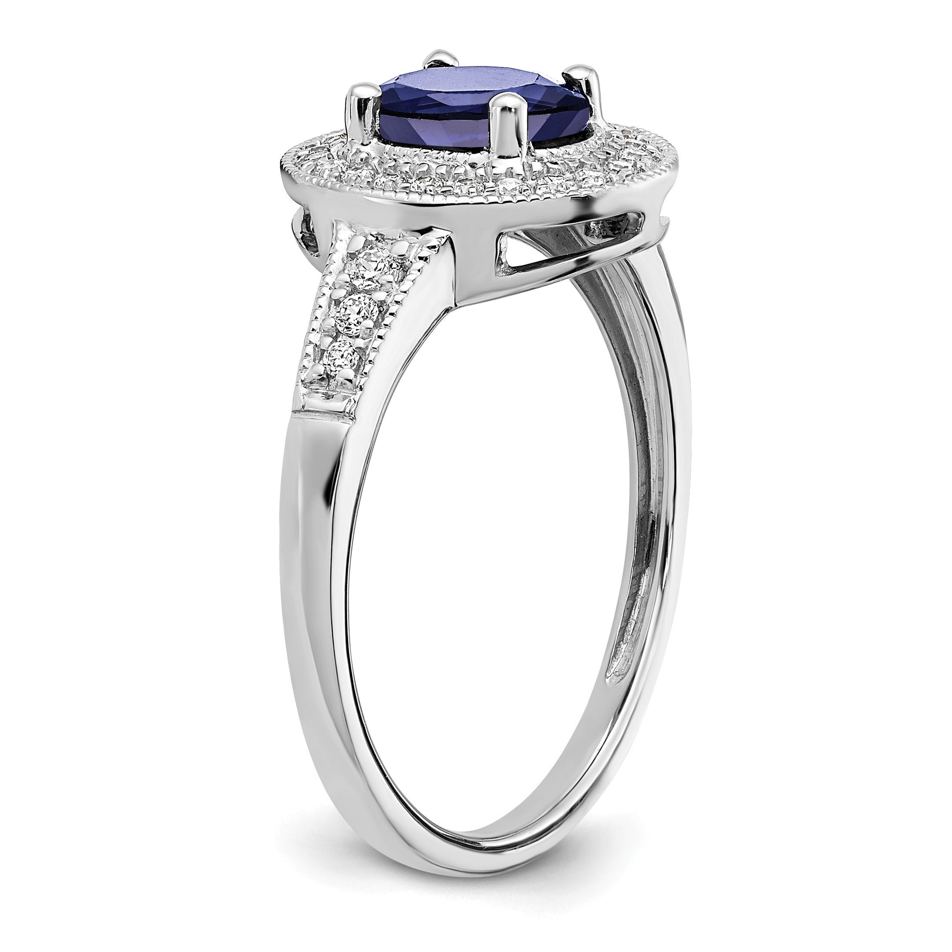 14k White Gold 7x5mm Oval Lab-Created Blue Sapphire and 1/6 carat Diamond Halo Ring