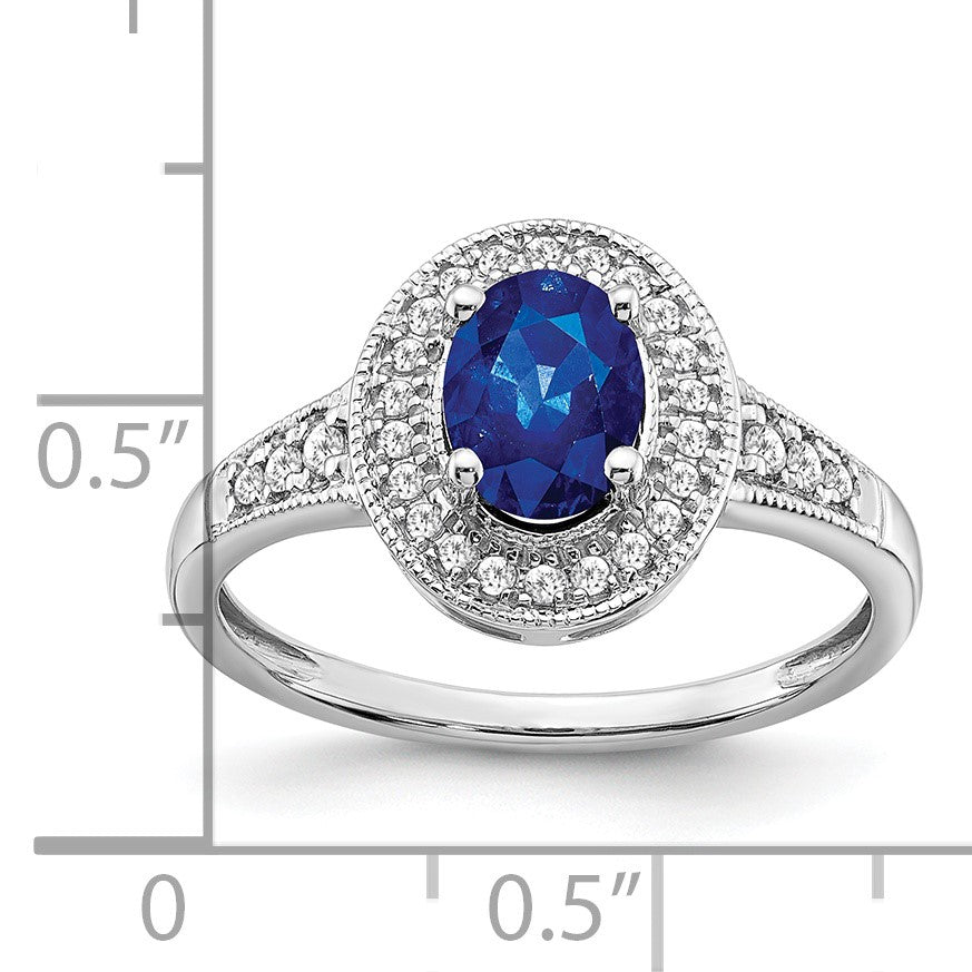 14k White Gold 7x5mm Oval Lab-Created Blue Sapphire and 1/6 carat Diamond Halo Ring