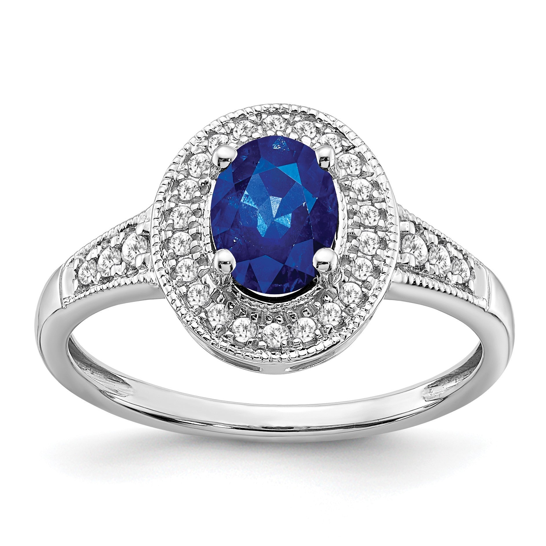 14k White Gold 7x5mm Oval Lab-Created Blue Sapphire and 1/6 carat Diamond Halo Ring