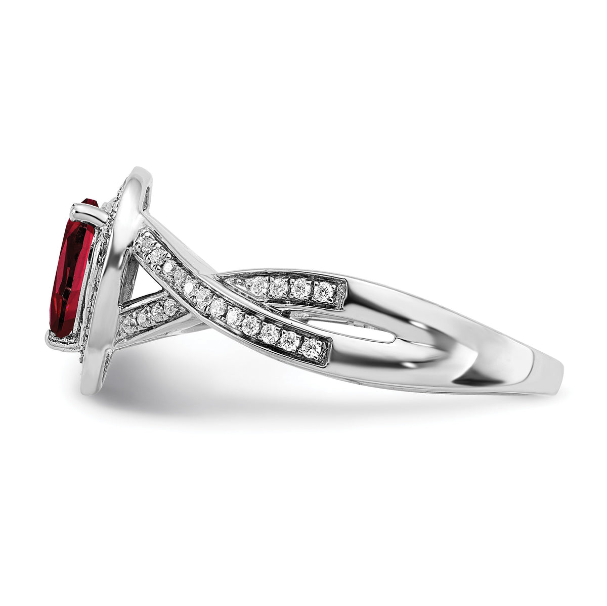 14k White Gold 7x4.6mm Pear Lab-Created Ruby and 1/4 carat Diamond Halo Ring