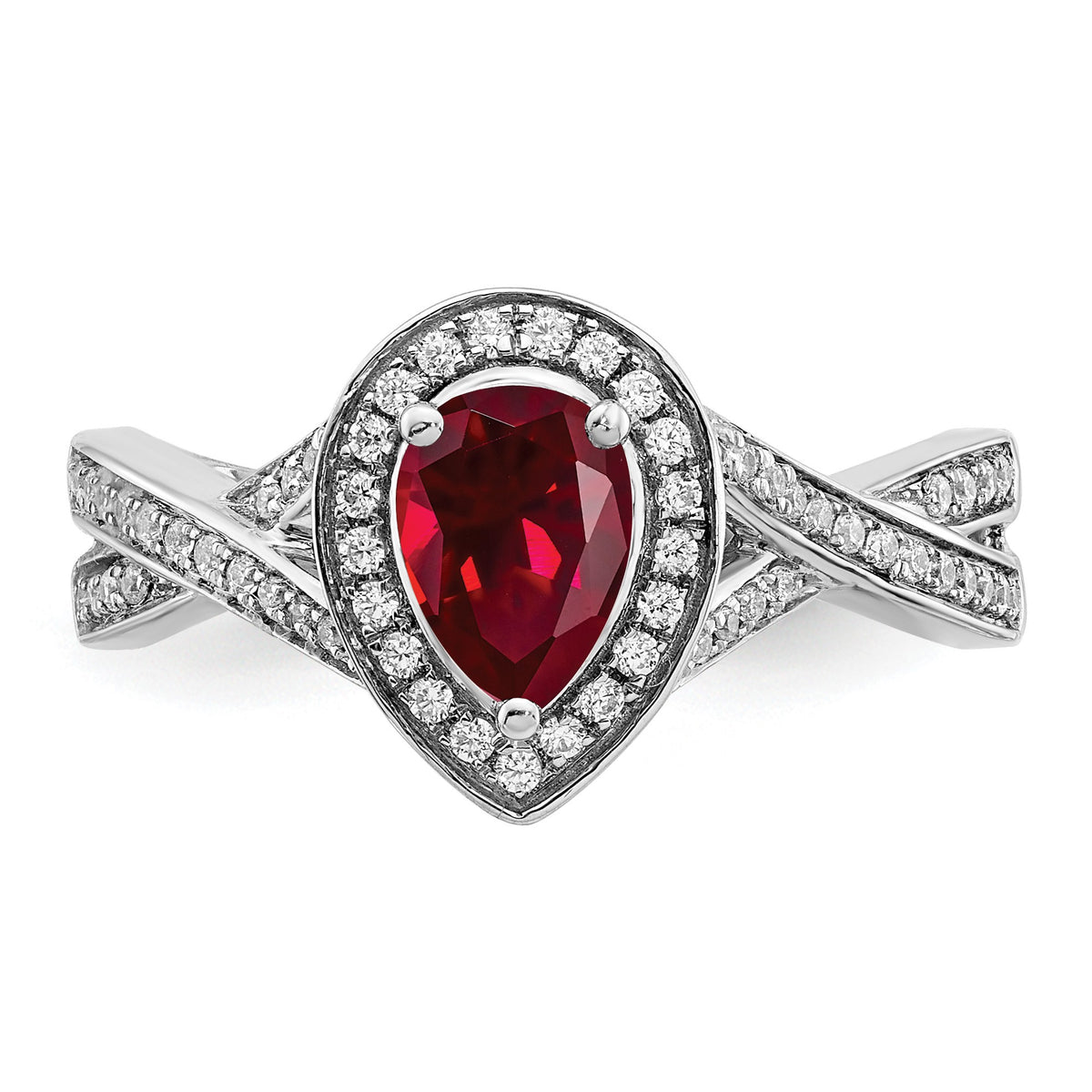 14k White Gold 7x4.6mm Pear Lab-Created Ruby and 1/4 carat Diamond Halo Ring