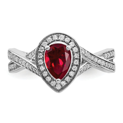 14k White Gold 7x4.6mm Pear Lab-Created Ruby and 1/4 carat Diamond Halo Ring