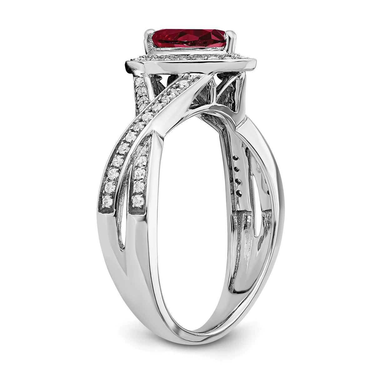 14k White Gold 7x4.6mm Pear Lab-Created Ruby and 1/4 carat Diamond Halo Ring