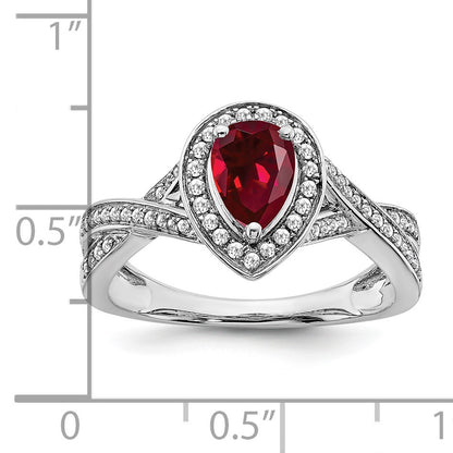 14k White Gold 7x4.6mm Pear Lab-Created Ruby and 1/4 carat Diamond Halo Ring
