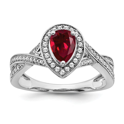 14k White Gold 7x4.6mm Pear Lab-Created Ruby and 1/4 carat Diamond Halo Ring