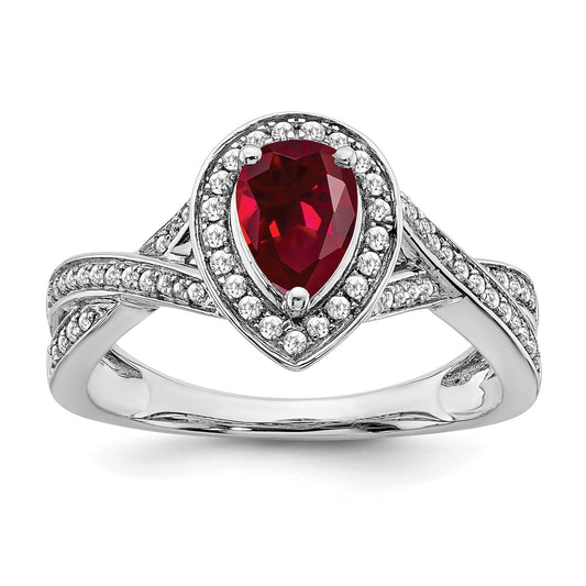 14k White Gold 7x4.6mm Pear Lab-Created Ruby and 1/4 carat Diamond Halo Ring