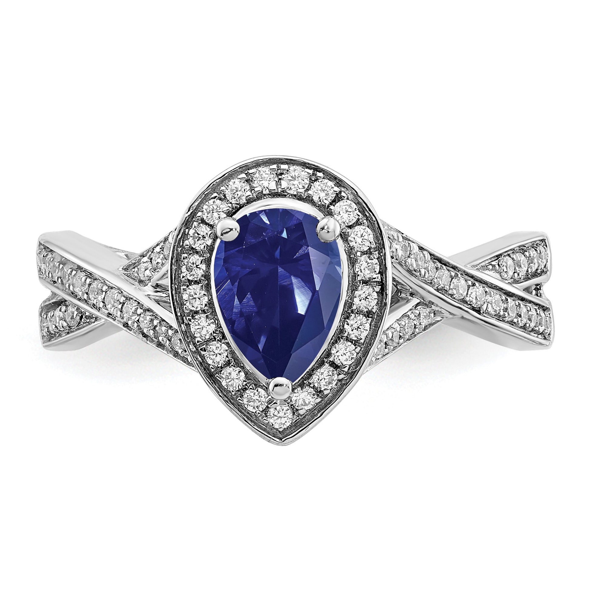 14k White Gold 7x4.6mm Pear Lab-Created Blue Sapphire and 1/4 carat Diamond Halo Ring