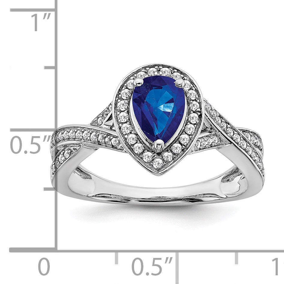 14k White Gold 7x4.6mm Pear Lab-Created Blue Sapphire and 1/4 carat Diamond Halo Ring