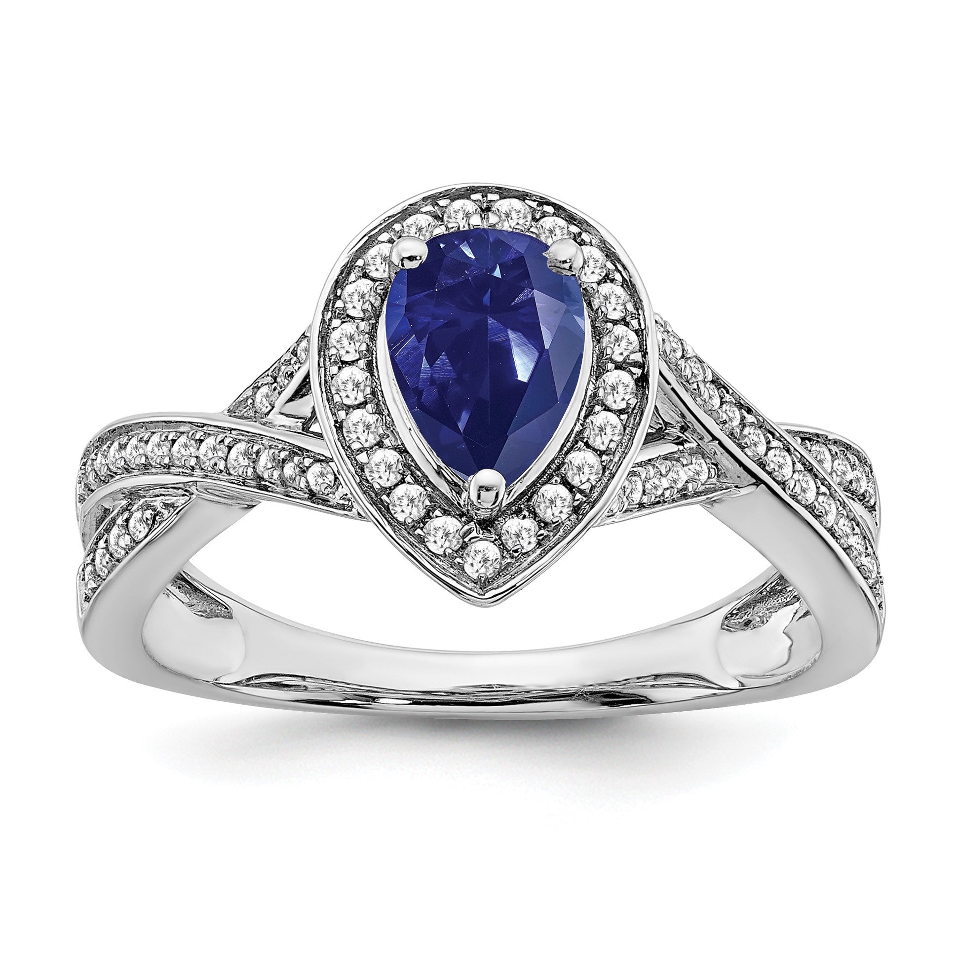 14k White Gold 7x4.6mm Pear Lab-Created Blue Sapphire and 1/4 carat Diamond Halo Ring