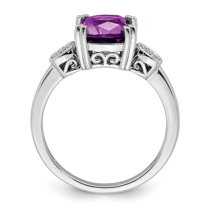 14k White Gold 8mm Cushion Amethyst and 1/20 carat Diamond Ring