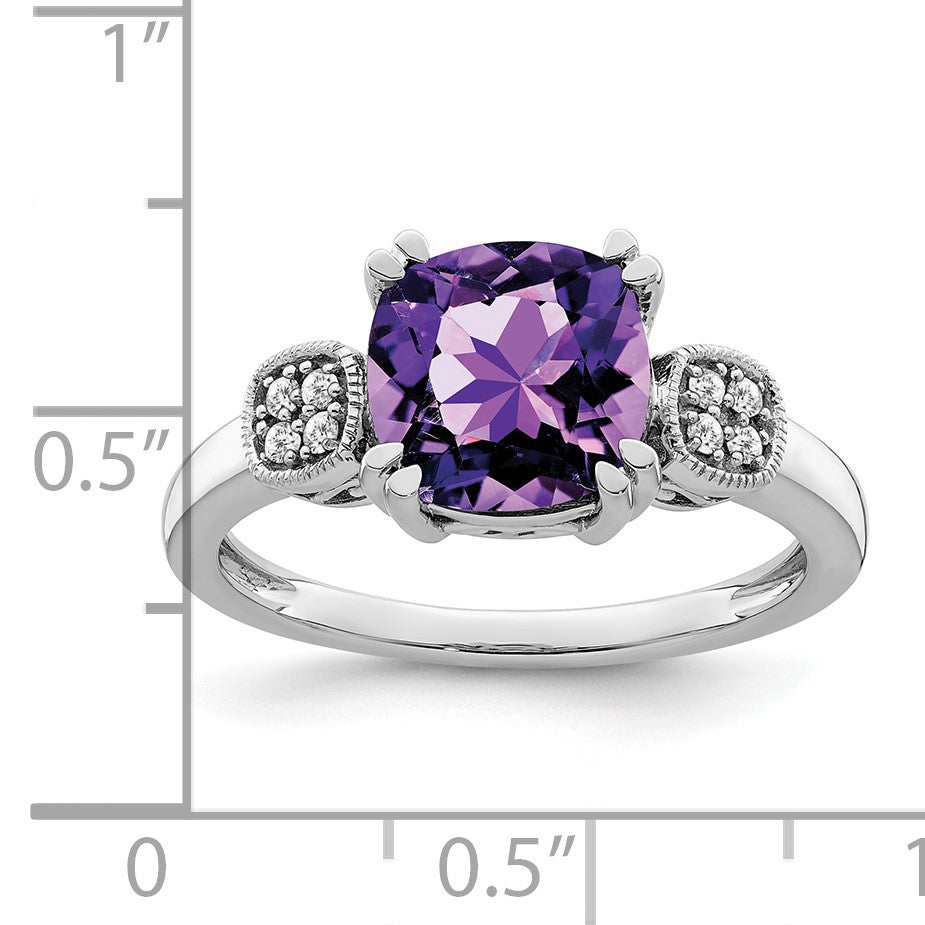 14k White Gold 8mm Cushion Amethyst and 1/20 carat Diamond Ring