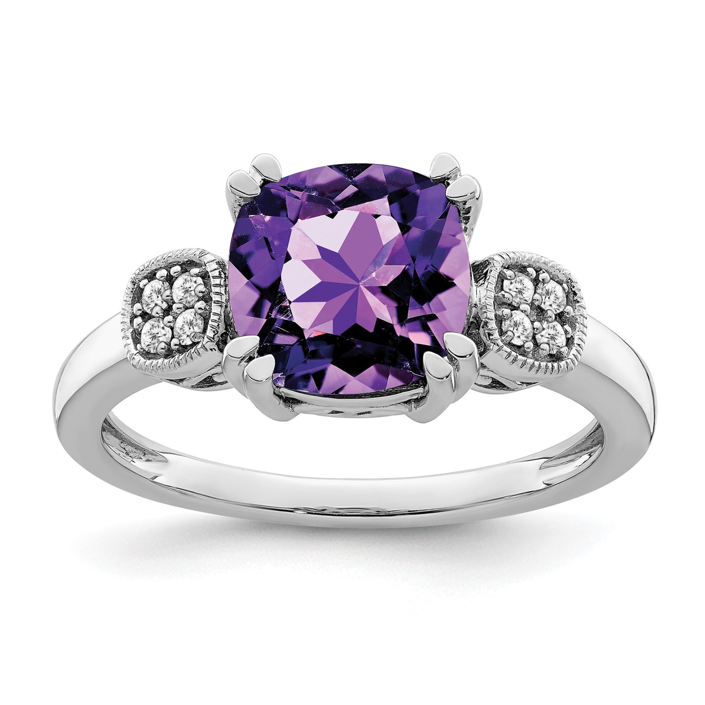 14k White Gold 8mm Cushion Amethyst and 1/20 carat Diamond Ring