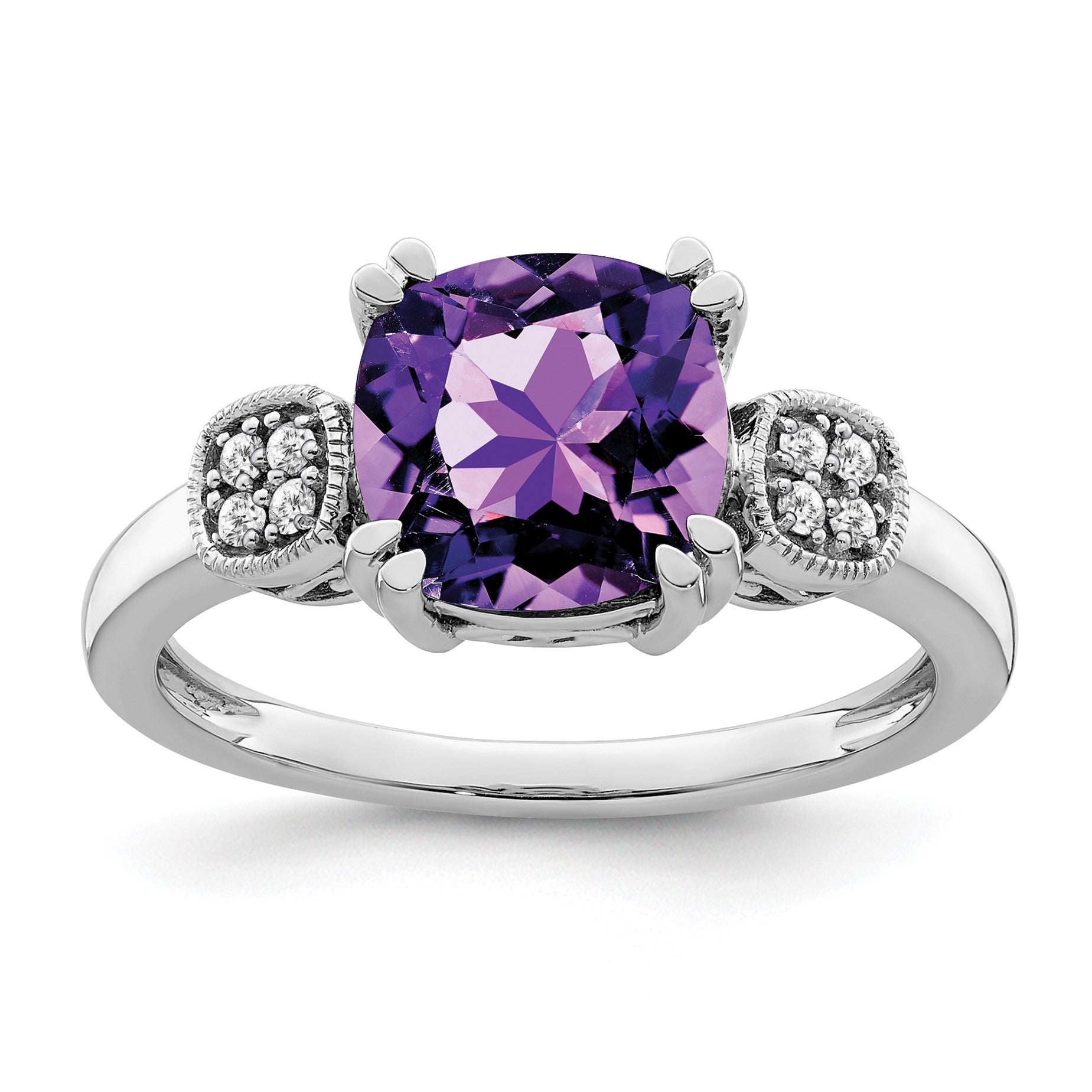 14k White Gold 8mm Cushion Amethyst and 1/20 carat Diamond Ring