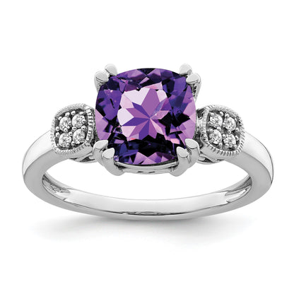14k White Gold 8mm Cushion Amethyst and 1/20 carat Diamond Ring