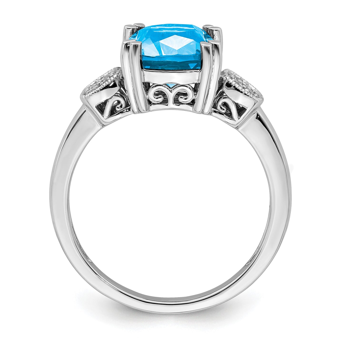 14k White Gold 8mm Cushion Blue Topaz and 1/20 carat Diamond Ring