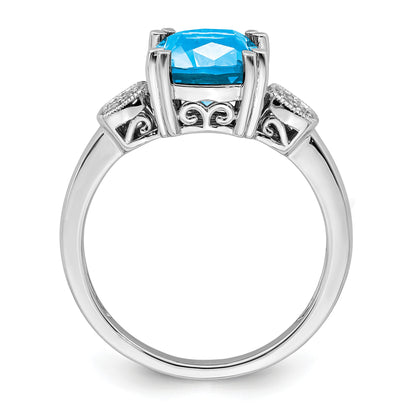 14k White Gold 8mm Cushion Blue Topaz and 1/20 carat Diamond Ring